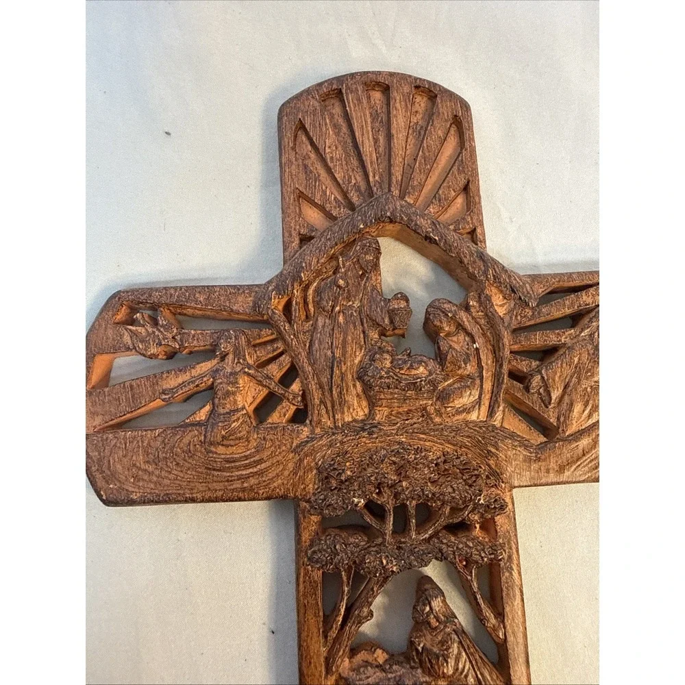 Dicksons Story of Jesus Nativity Carved Woodgrain Resin Wall Cross 12
